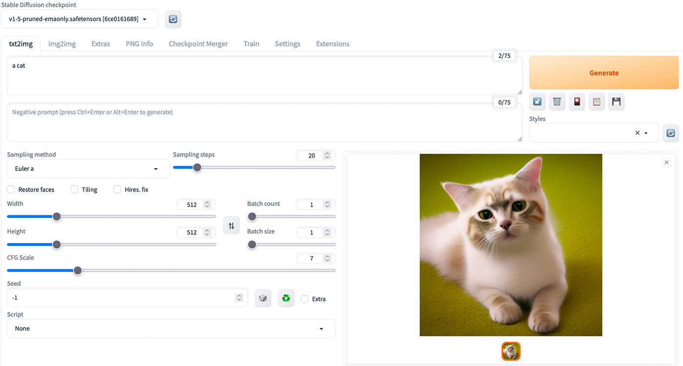 A cat generated by Stable Diffusion UI, shown on a green background.