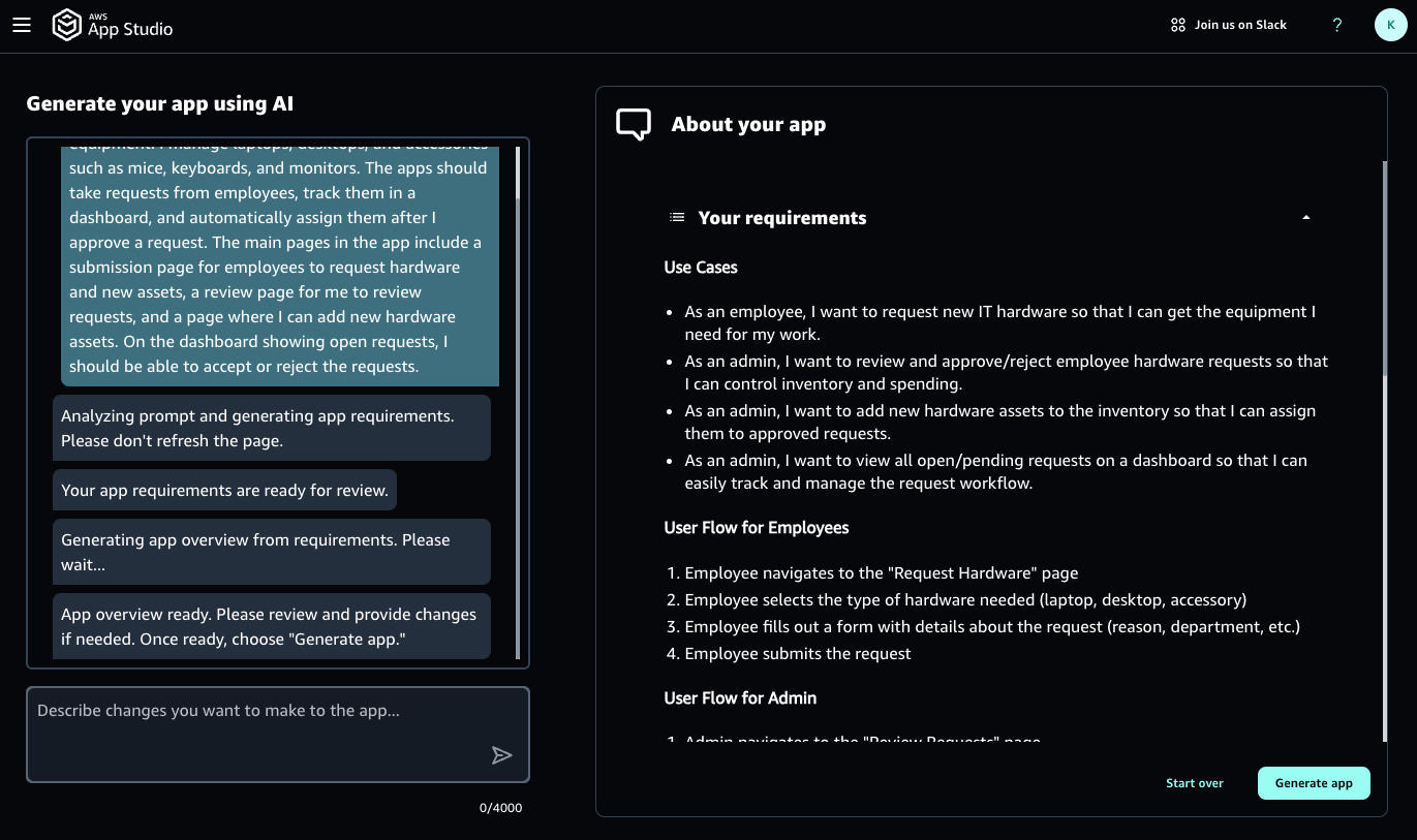 Screenshot of the AWS App Studio interface showing the process of generating an application using AI. The screen displays requirements gathering, use case creation, and user flows for an IT hardware request management app, with options to modify app requirements and generate the app.