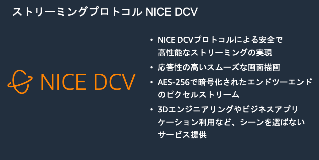 NICE DCVのストリーミングプロトコルに関する日本語による説明画像。画像にはNICE DCVのロゴと、安全で高性能なストリーミング、スムーズな画面描画、AES-256によるエンドツーエンドの暗号化、さまざまな用途に対応できるサービスの特徴が箇条書きで記載されています。