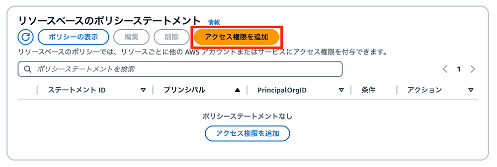 Screenshot of the AWS resource-based policy statement interface in Japanese, highlighting the 'Add Access Permission' button. The image shows the process for adding access permissions to a resource in AWS, displayed in the Japanese language UI.