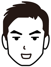 A happy cartoon-style icon illustration of a man's face with dark hair, bold eyebrows, and a smiling expression.