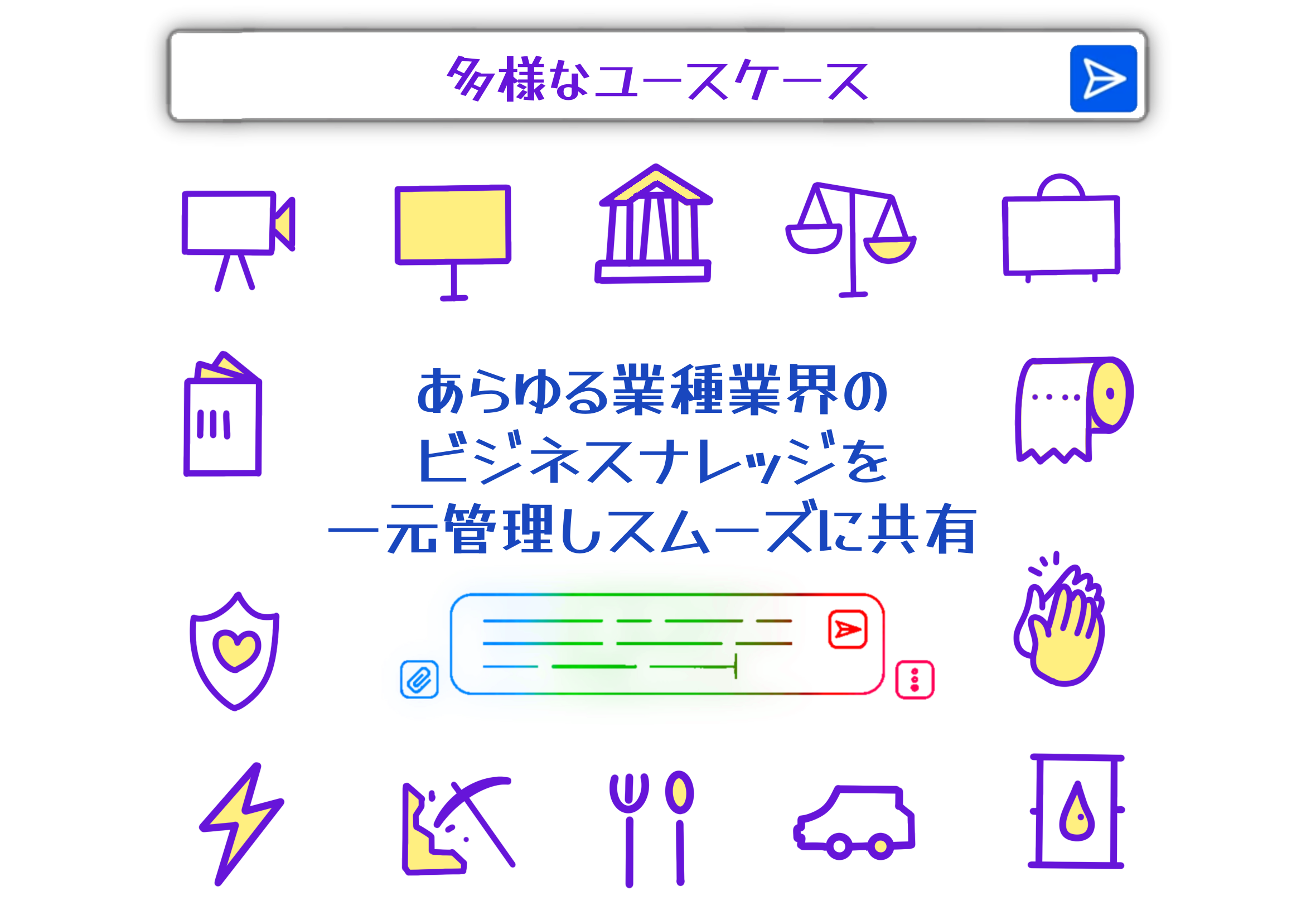 A collection of colorful Japanese-language business use case icons for Amazon Q, featuring a central message about managing and sharing business knowledge across various industries, with diverse symbolic illustrations such as a film camera, scale, shield, and more.