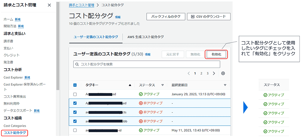 Screenshot of the AWS Cost Allocation Tag Management page displayed in Japanese, showing tagged items, status, and options for enabling tags in the billing and cost management console.