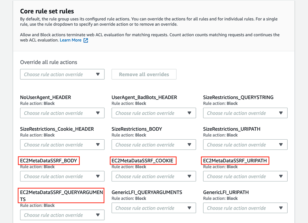 Screenshot of the AWS WAF (Web Application Firewall) console showing the core rule set rules for blocking specific actions, including rules targeting EC2 metadata SSRF (Server Side Request Forgery) in BODY, COOKIE, URIPATH, and QUERYARGUMENTS. The UI allows users to override rule actions and manage web ACL evaluation security configurations.