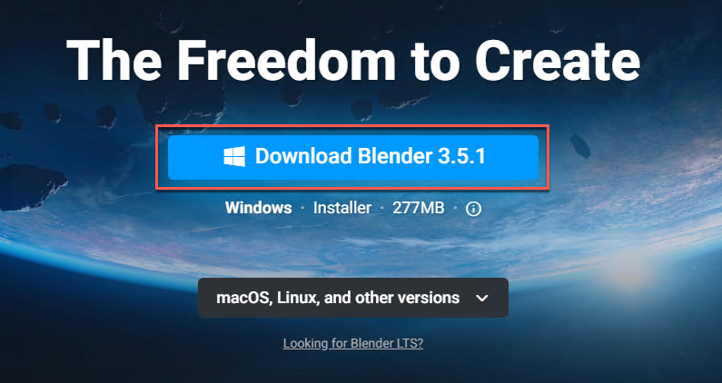 Screenshot of the Blender 3.5.1 download page, highlighting the download button for Windows with details about installer size and options for other operating systems.