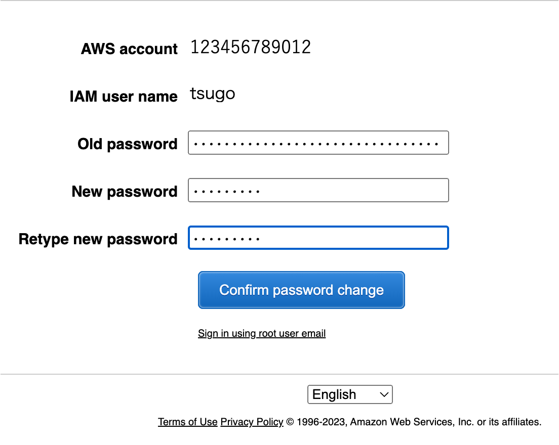 Screenshot of the AWS IAM user password change screen, displaying fields for AWS account number, IAM user name, old password, new password, and retyped new password, with a confirm password change button.