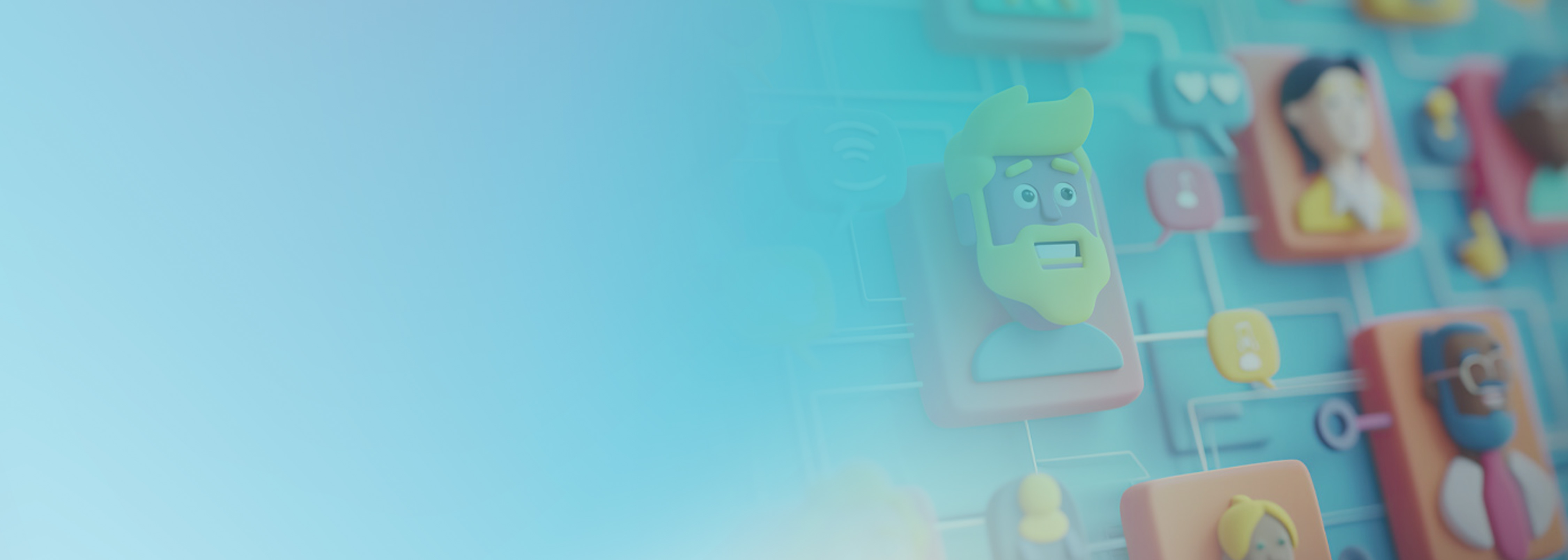 Abstract digital illustration featuring colorful 3D avatars and chat icons, symbolizing online character chat or social communication platforms on a blue background.