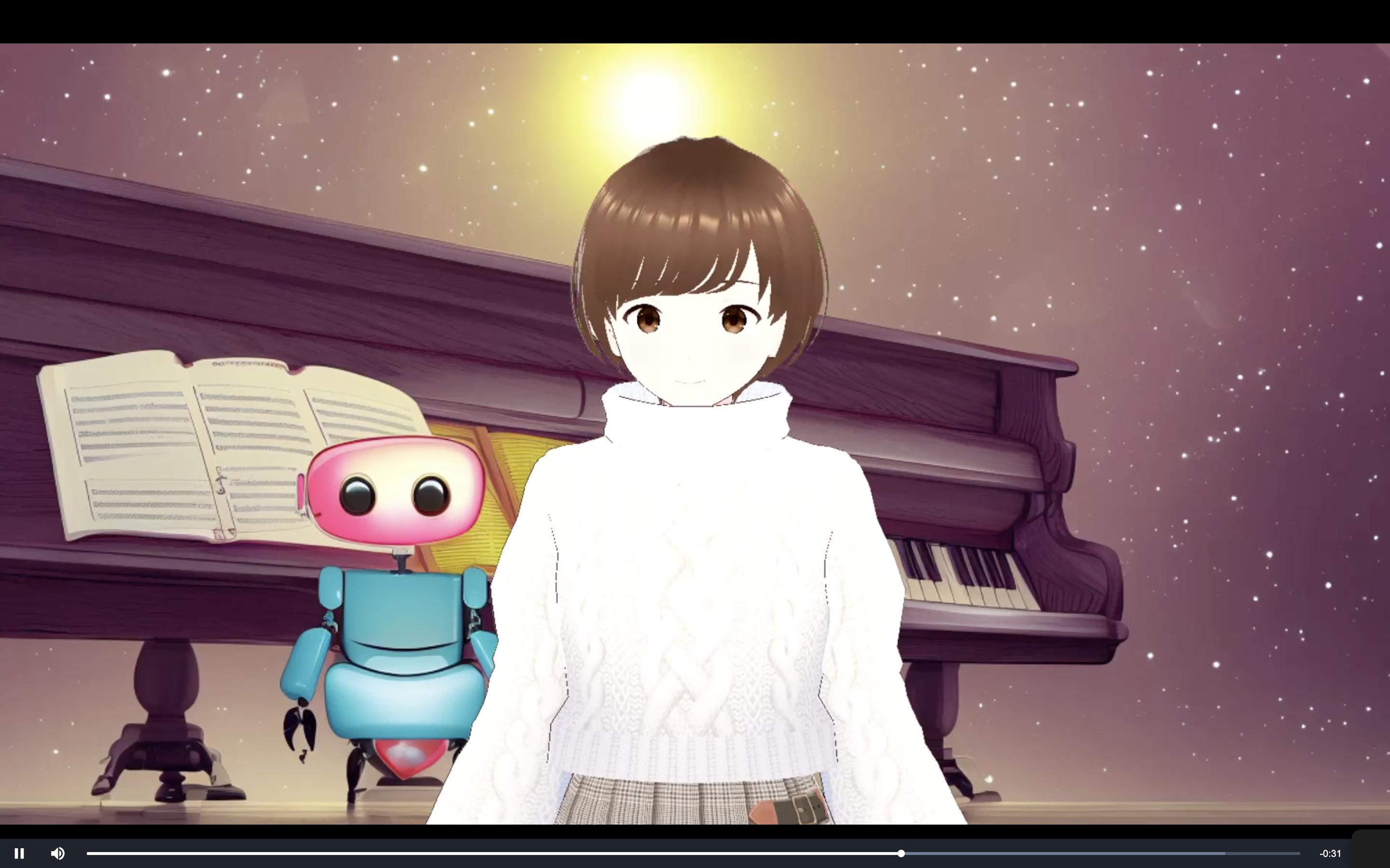 A stylized anime character in a white sweater stands in front of a piano with an open sheet of music, accompanied by a cute robot, against a starry background with a glowing light above.