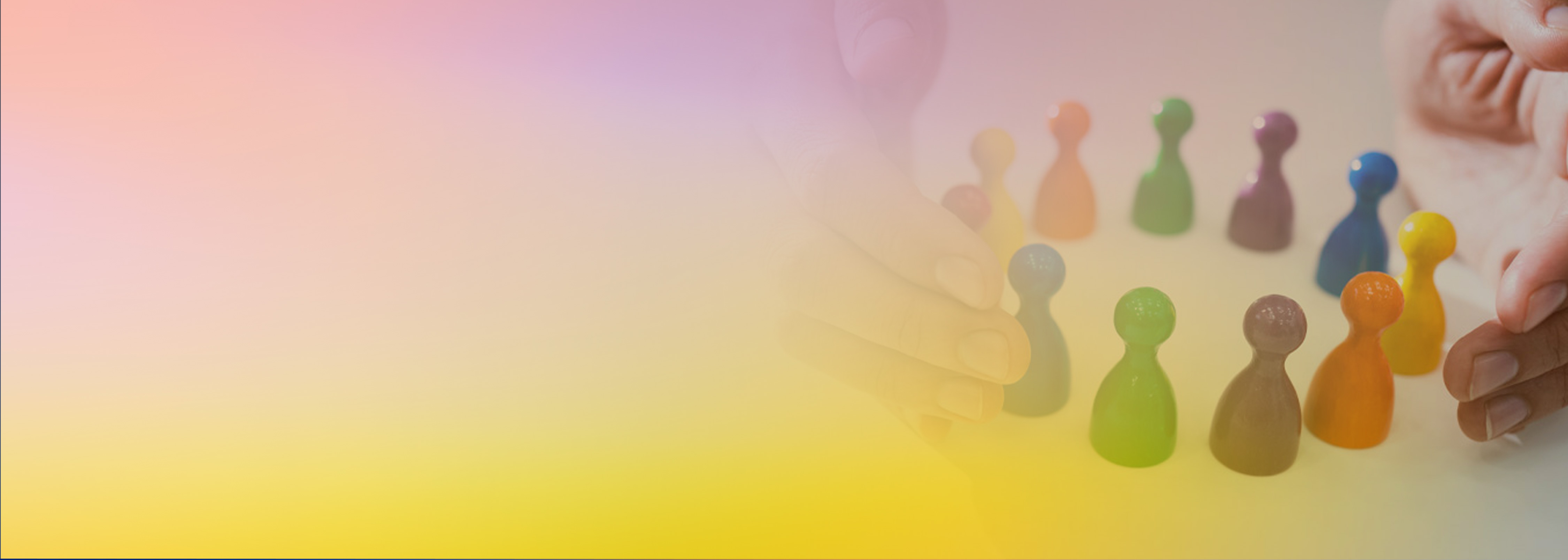 A pair of hands arranging colorful game pieces in a circle, symbolizing organization and security, with a pastel gradient overlay.
