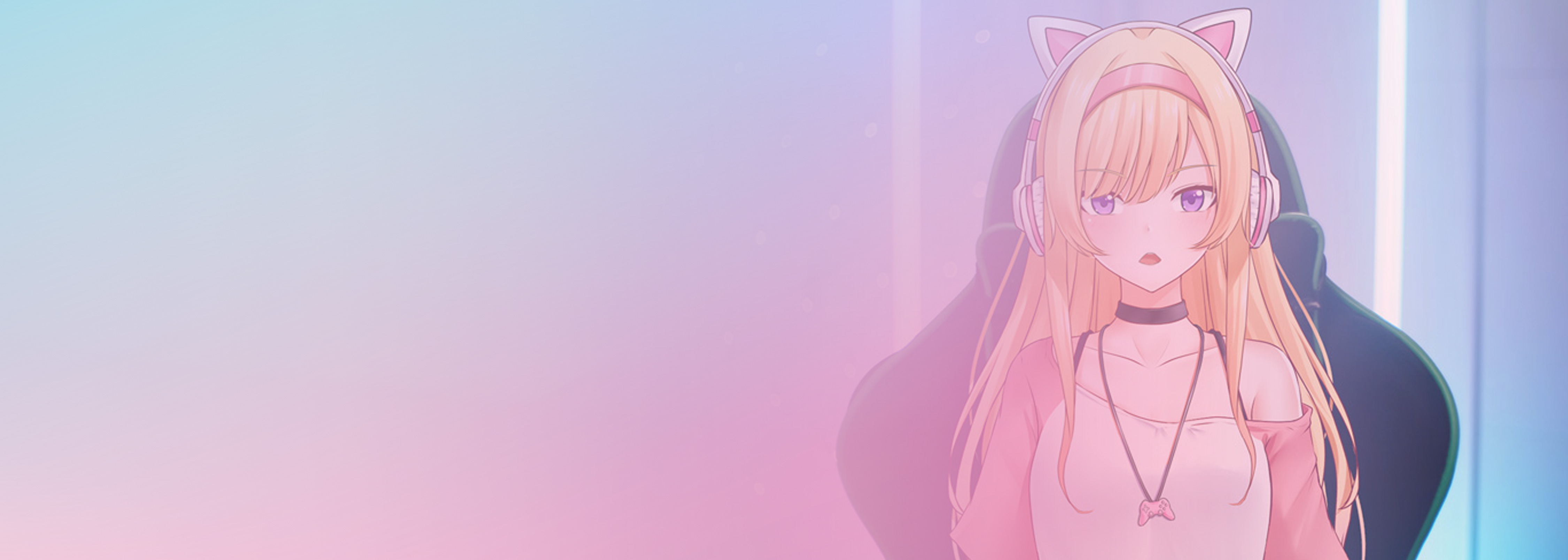 Anime-style illustration of a virtual YouTuber (VTuber) with long blonde hair, cat ear headphones, and a pink top, streaming in front of a colorful background, representing use with Amazon AppStream.