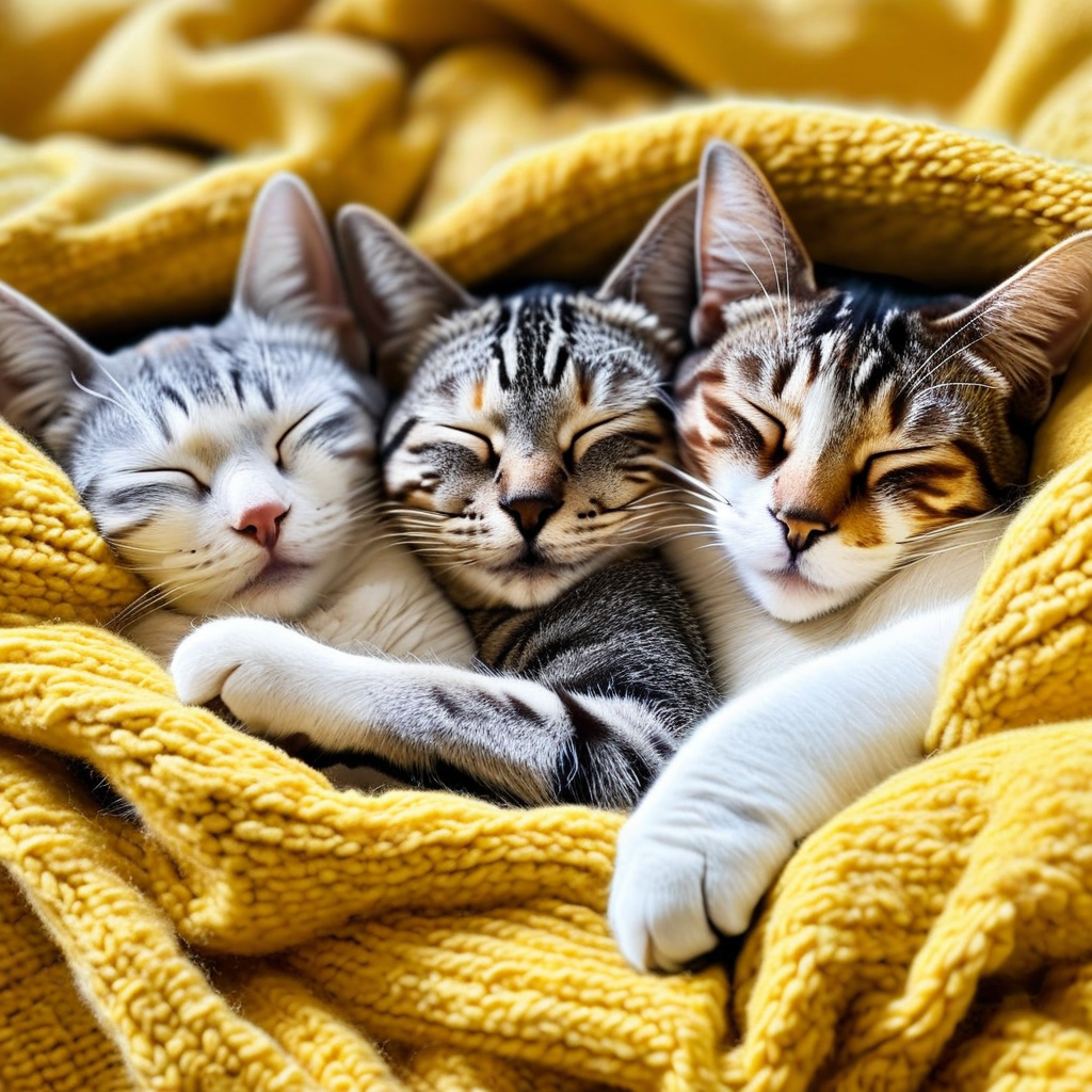 Three adorable cats are cuddling and sleeping closely together, wrapped in a cozy yellow knit blanket. All three cats have their eyes closed, appearing peaceful and content.