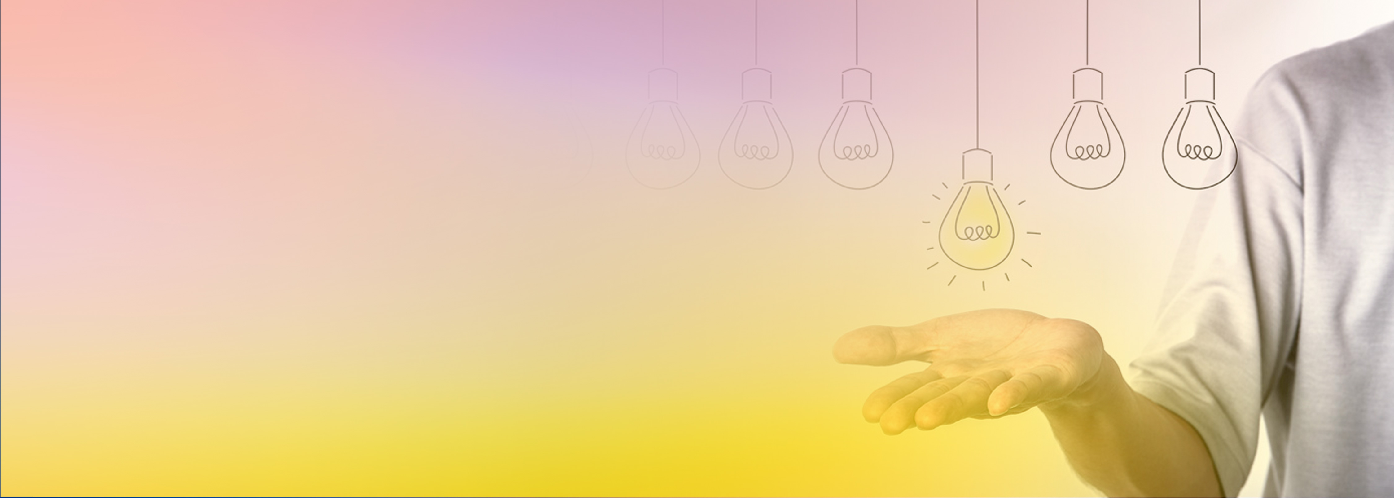 A person extends a hand with illustrated light bulbs above, one highlighted as if turning on, symbolizing inspiration or new ideas. The background features a soft gradient of pastel colors.