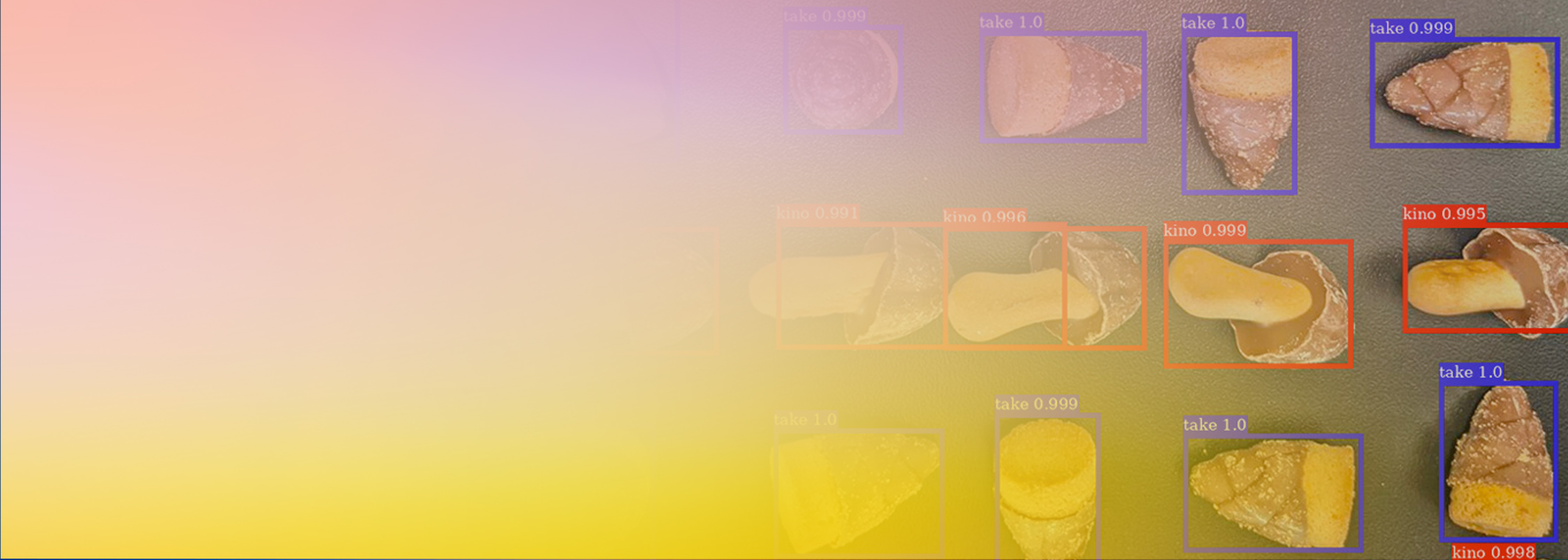 A visualization of machine learning image detection results for chococones and similar snacks, showing detected objects with labeled bounding boxes on a gradient background.