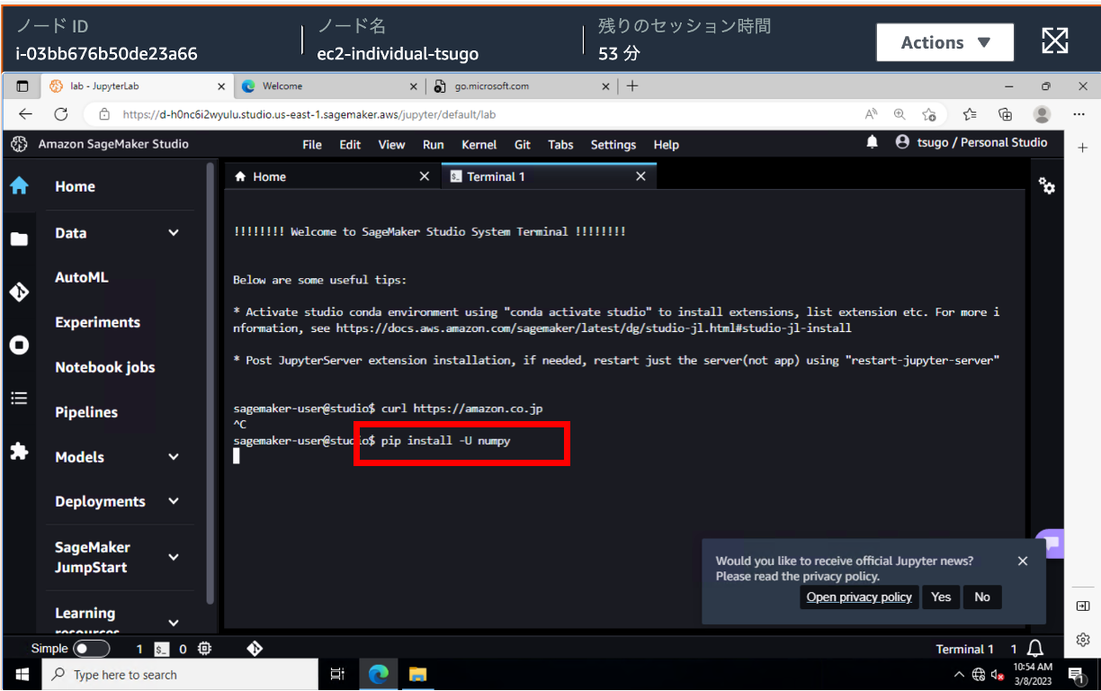 Screenshot of Amazon SageMaker Studio's terminal in Japanese, showing the execution of the command 'pip install -U numpy'. The interface is in Japanese and displays a JupyterLab environment with terminal usage and tips for extending the environment.