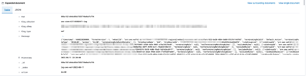 A screenshot of a security log entry displayed in both table and JSON formats, showing attributes such as S3 bucket, log type, message, timestamp, and action, commonly used for analyzing AWS security events in a log management tool.