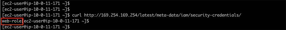 Screenshot of an EC2 Linux terminal showing the retrieval of the IAM role using 'curl http://169.254.169.254/latest/meta-data/iam/security-credentials/'. The response displays 'web-role', illustrating how an EC2 instance can access its assigned IAM role credentials via instance metadata for authentication.