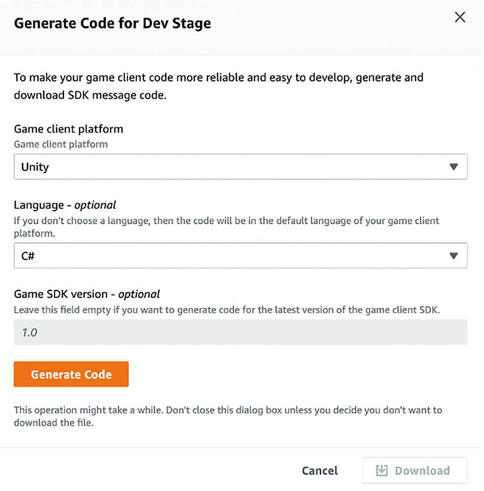 Screenshot of a dialog box for generating SDK code in a game backend service. The example shows Unity selected as the game client platform, C# as the language, and SDK version 1.0, with an orange 'Generate Code' button and a download option.