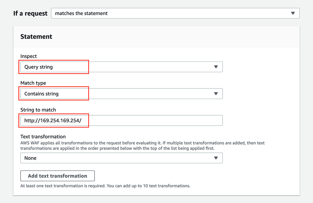Screenshot showing the AWS WAF rule configuration interface, demonstrating how to inspect the query string and block requests containing the string 'http://169.254.169.254/' to prevent EC2 instance metadata compromise.