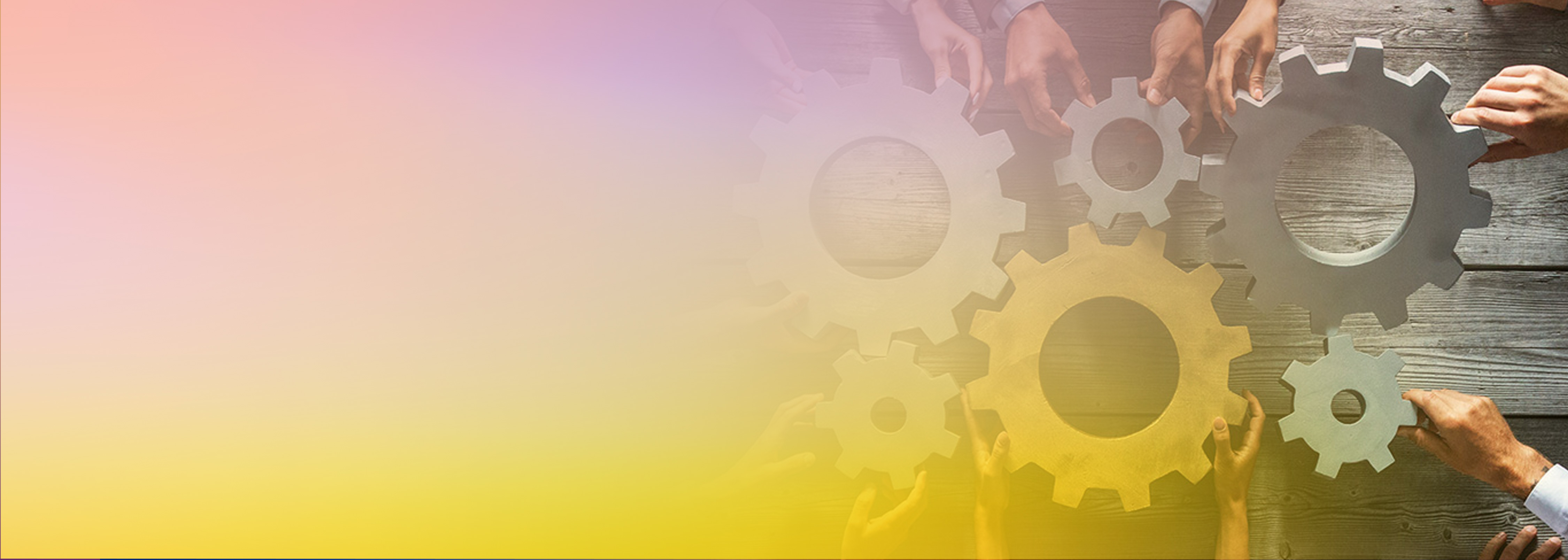 A group of people working together to interlock large gears, symbolizing teamwork and collaboration, with a pastel gradient overlay. Represents the concept of mob programming and joint problem-solving.