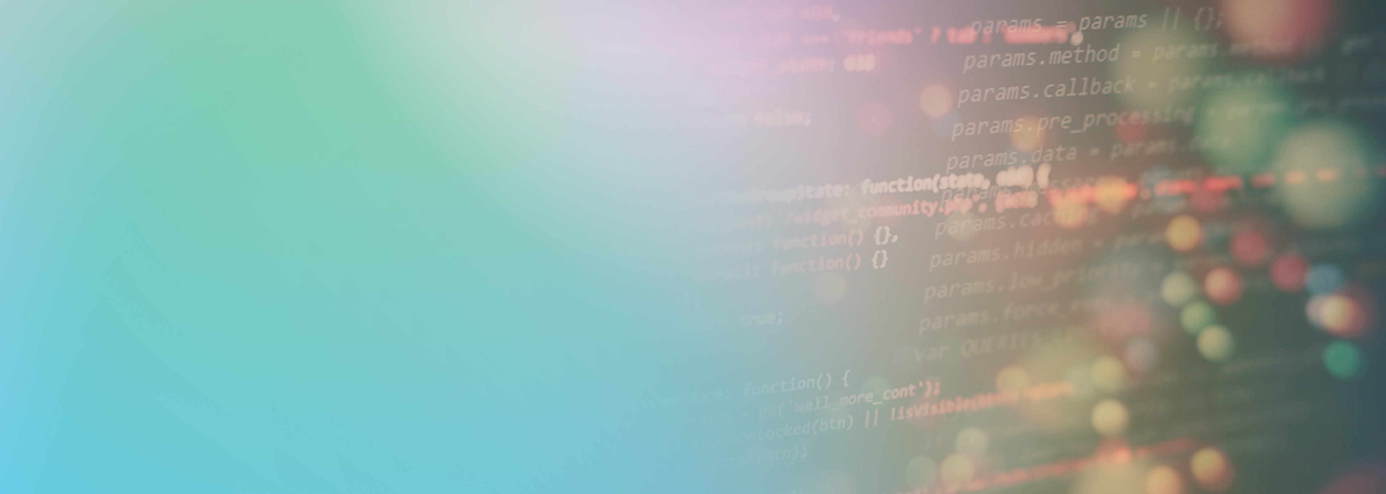 Abstract image with blurred multicolored lights and computer programming code on the right side, creating a modern technology and software development theme.