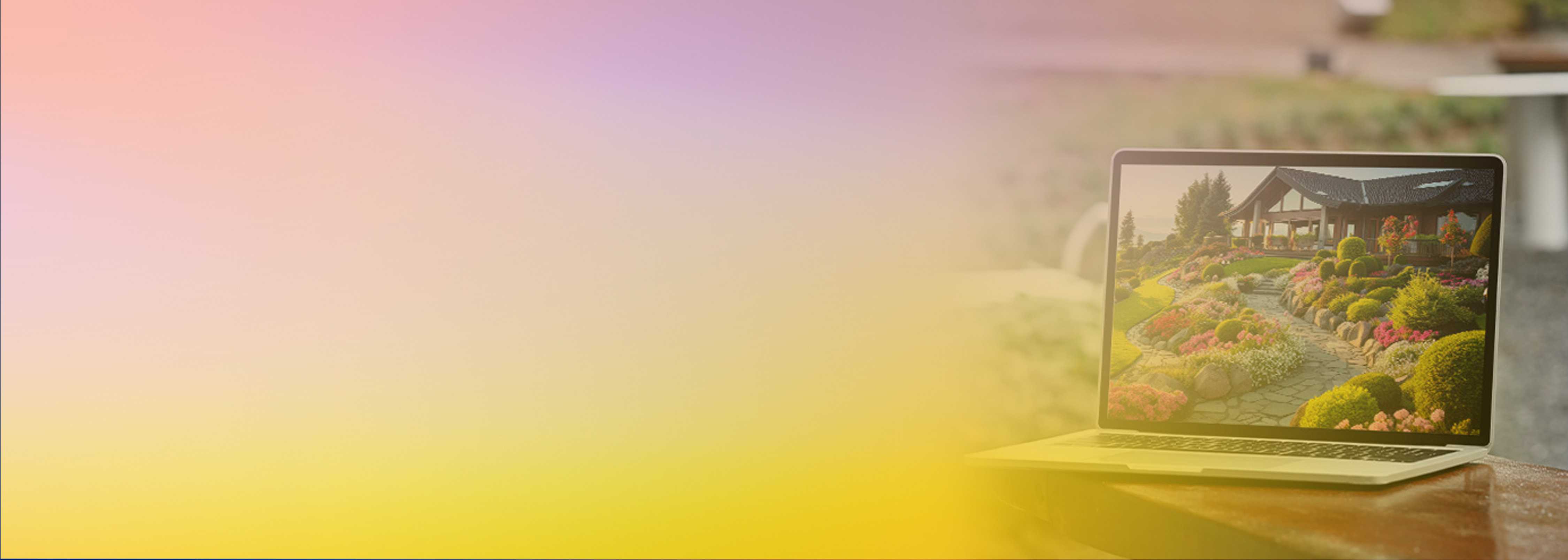 A laptop on a table displaying an image of a beautifully landscaped garden, with a soft pastel gradient overlay in pink, yellow, and lavender tones.