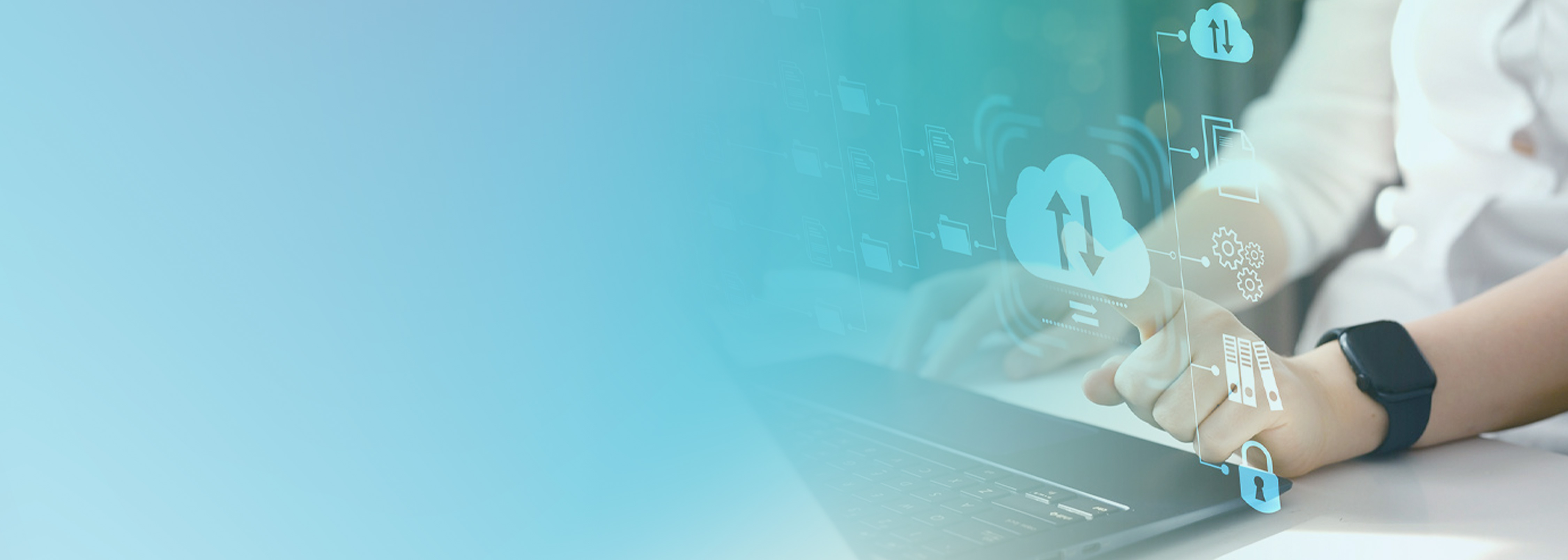 A person using a laptop with digital cloud security icons, representing compromise prevention and authentication for AWS EC2 environments.