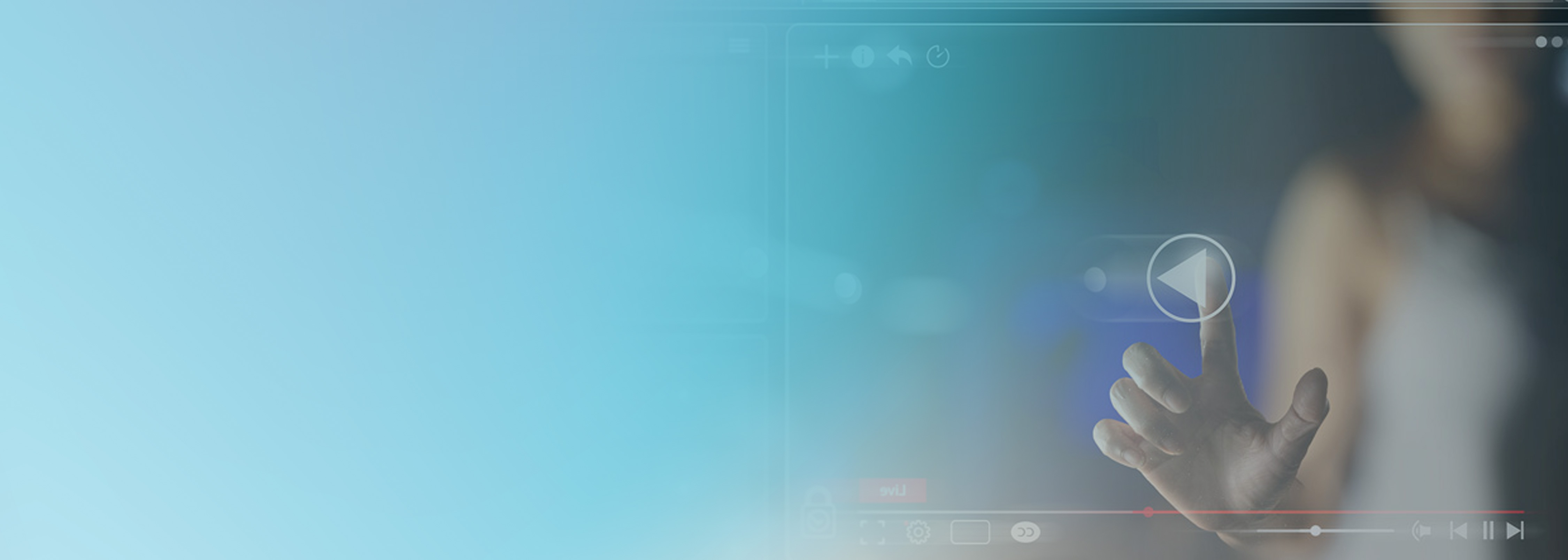 A hand reaching out to press the play button on a semi-transparent video streaming interface, symbolizing user interaction with an online video player or live streaming service.