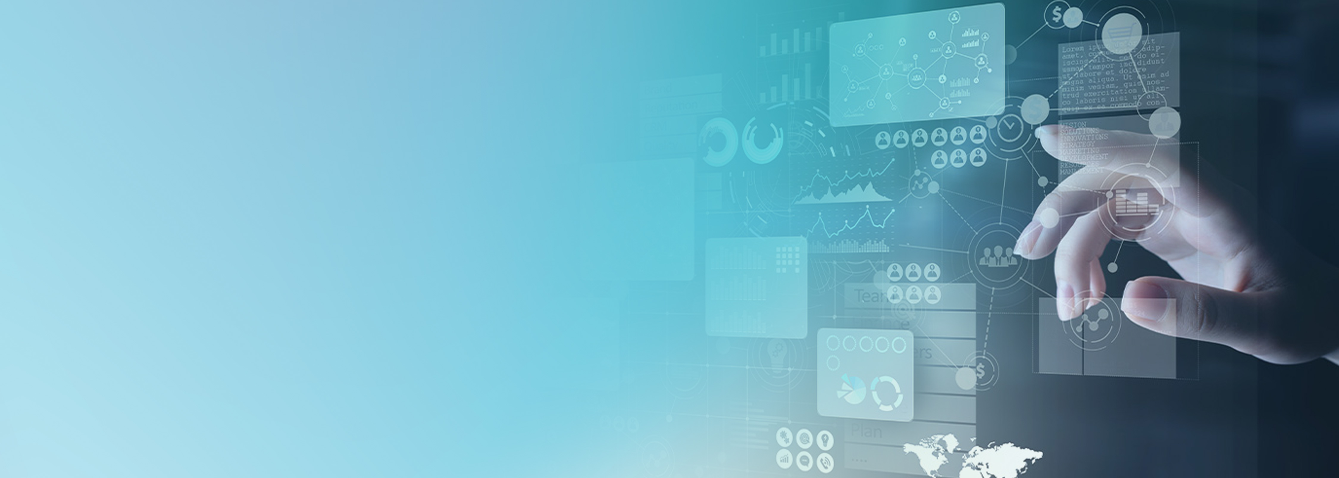 A hand interacts with transparent digital interface panels displaying data charts, graphs, and network information, representing cybersecurity and DDoS (Distributed Denial of Service) countermeasures.