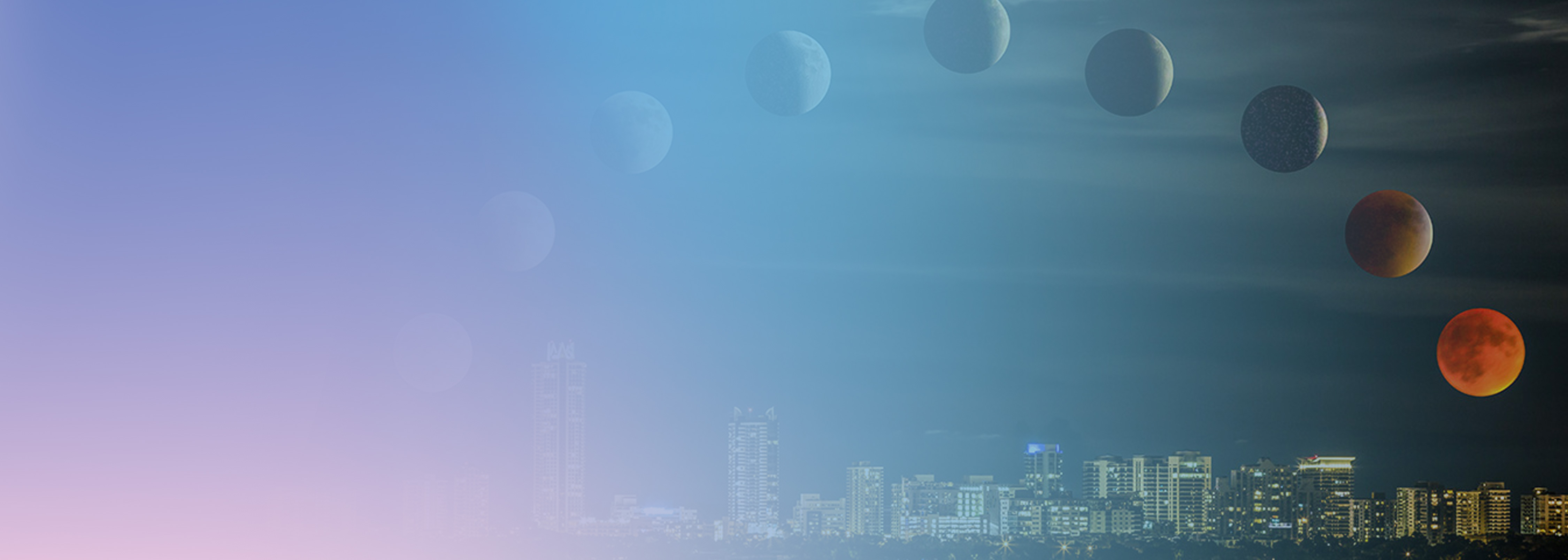 A cityscape at night with a time-lapse sequence showing the phases of the moon transitioning from blue hues to orange-red above the skyline.