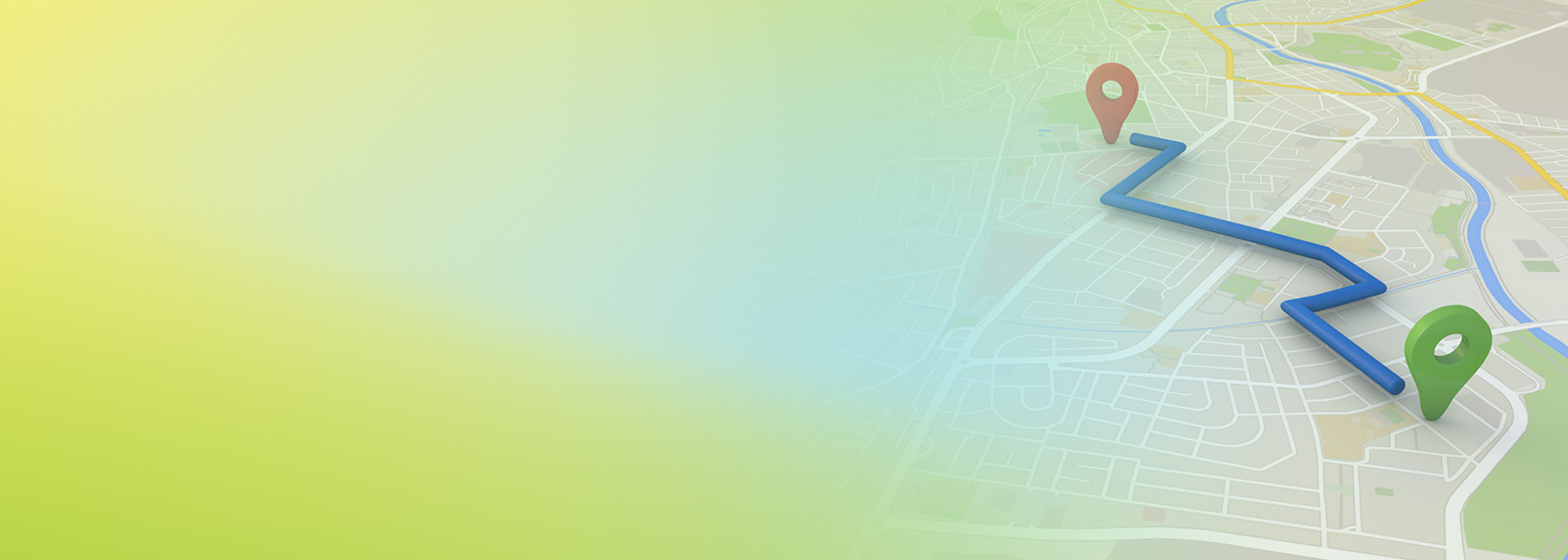 A 3D rendered illustration of a city map with a highlighted route connecting two map markers, representing navigation or a location service.