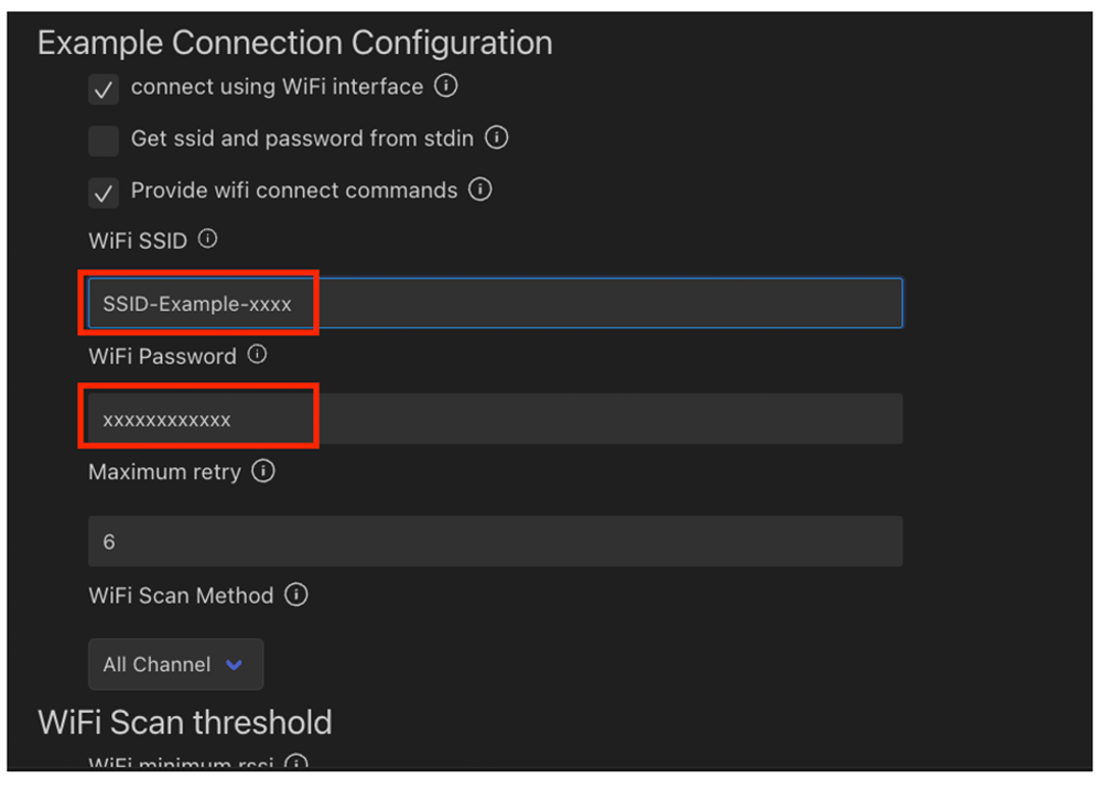 Screenshot of an example WiFi connection configuration interface, showing options to connect using WiFi, provide WiFi connect commands, and input fields for WiFi SSID and WiFi password, with sample values filled in. Highlighted areas show 'SSID-Example-xxxx' and a masked password. Used in the context of smart gardening device setup.