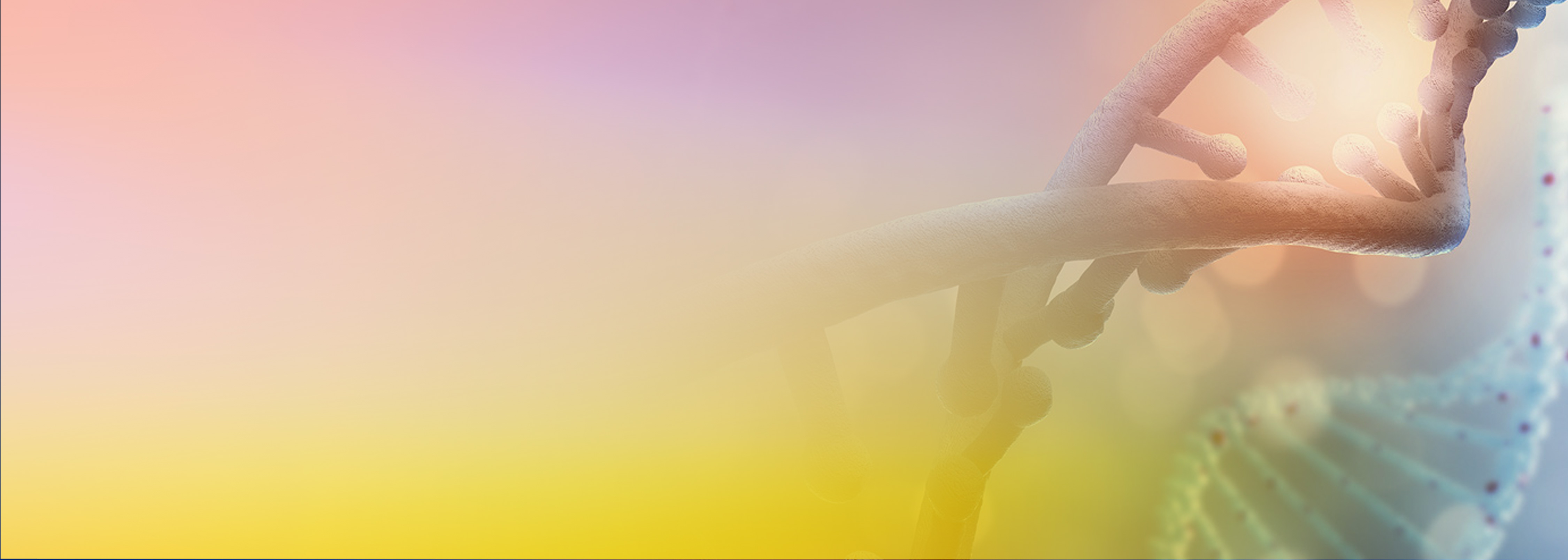 A close-up view of a DNA double helix model with a soft gradient overlay of pink, yellow, and orange hues, used for Eisai omics prototyping. The image conveys scientific research and biotechnology themes.