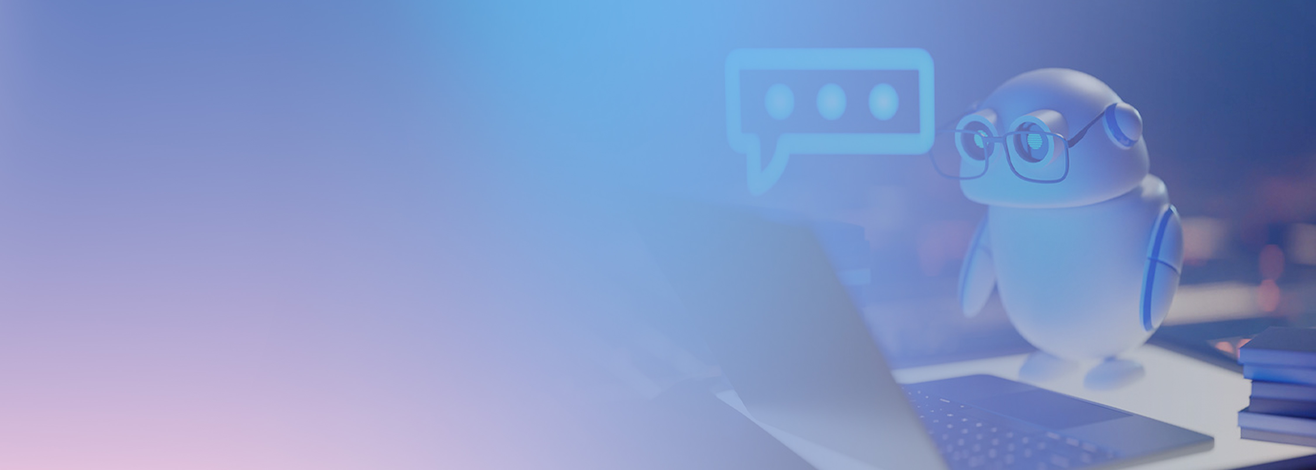 A laptop and books on a desk with a robot character wearing glasses, a speech bubble icon, and a gradient blue and purple background, representing voice translation technology on a website.