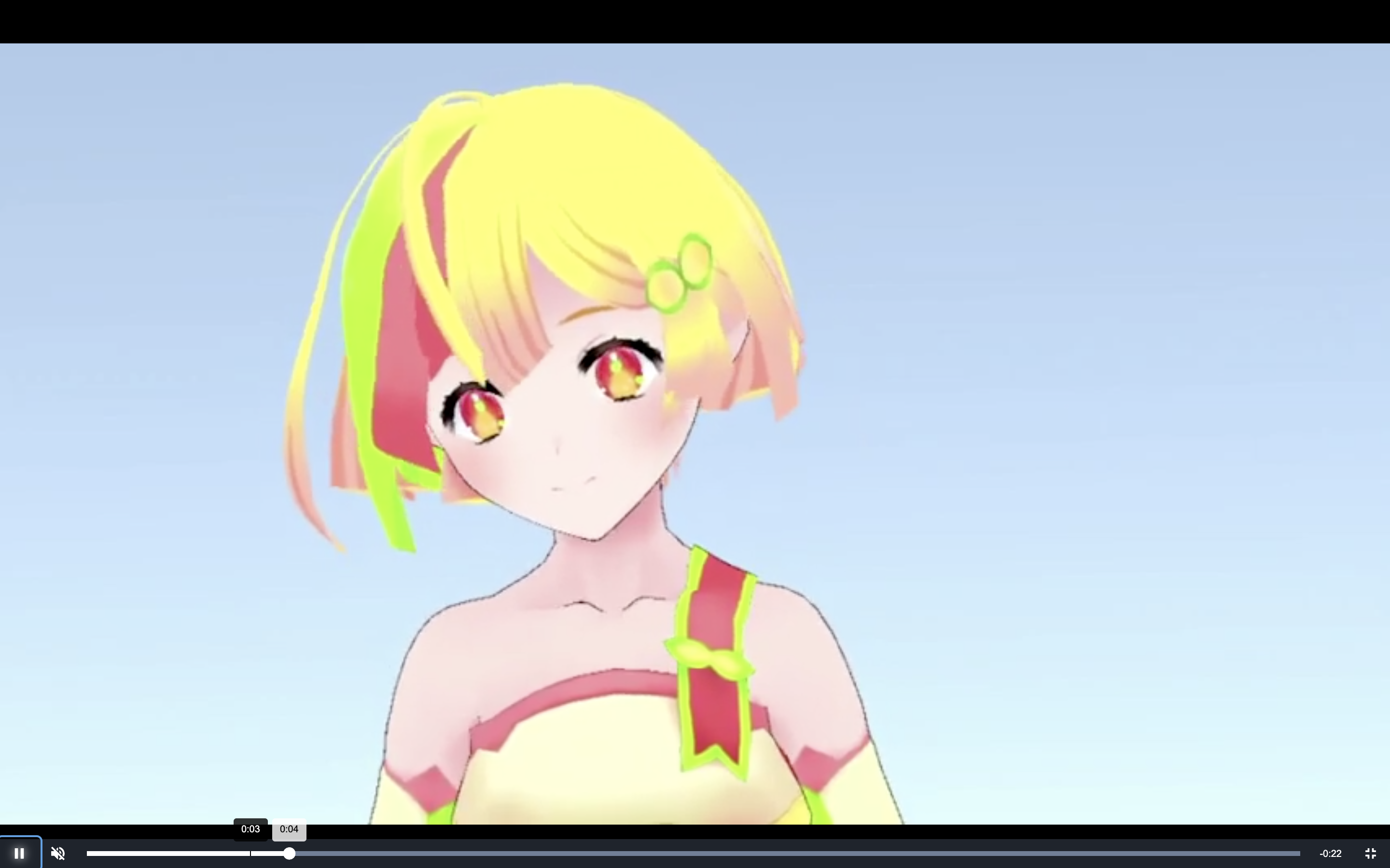 A 3D rendered anime-style character with bright yellow and pink hair, yellow eyes, and a light outfit with green accents, set against a sky blue background.