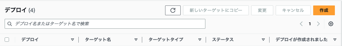 AWSの日本語ユーザーインターフェースで『デプロイ』管理画面のスクリーンショット。ターゲット名やタイプ、ステータスなどの情報表示と作成ボタンが含まれている。