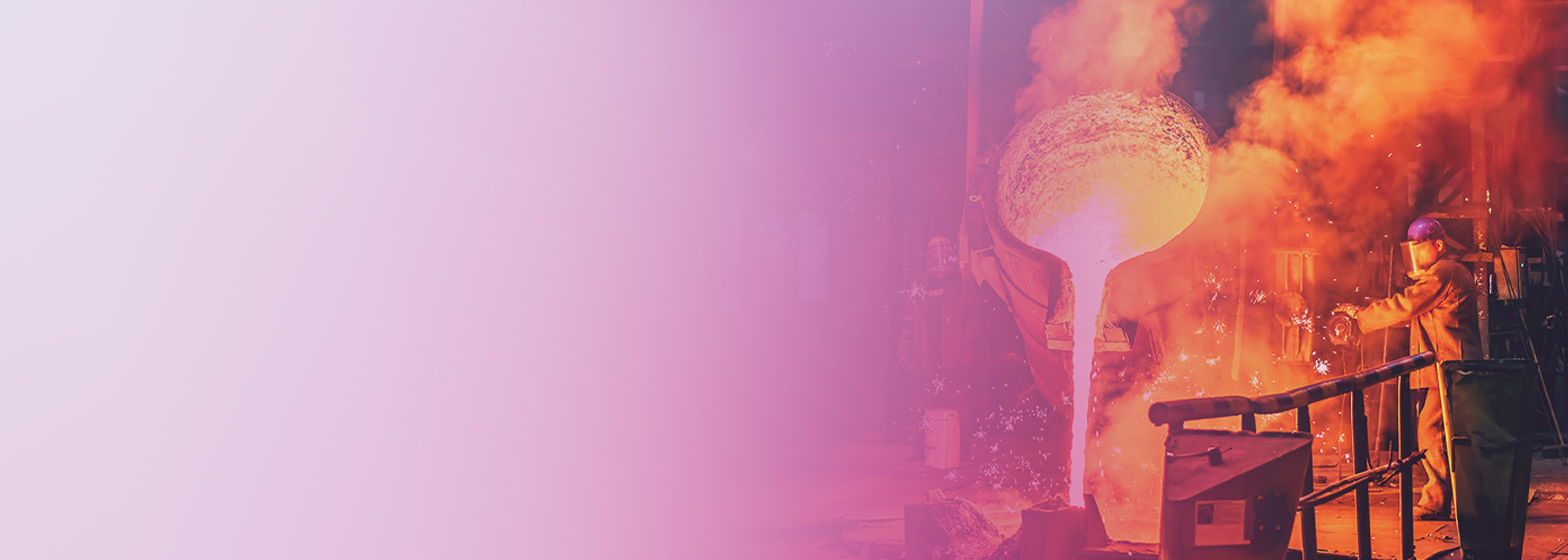 A steelworker in protective gear operates at a steel foundry with molten metal pouring from a crucible, representing Nippon Steel's cloud-enabled learning and manufacturing innovation.