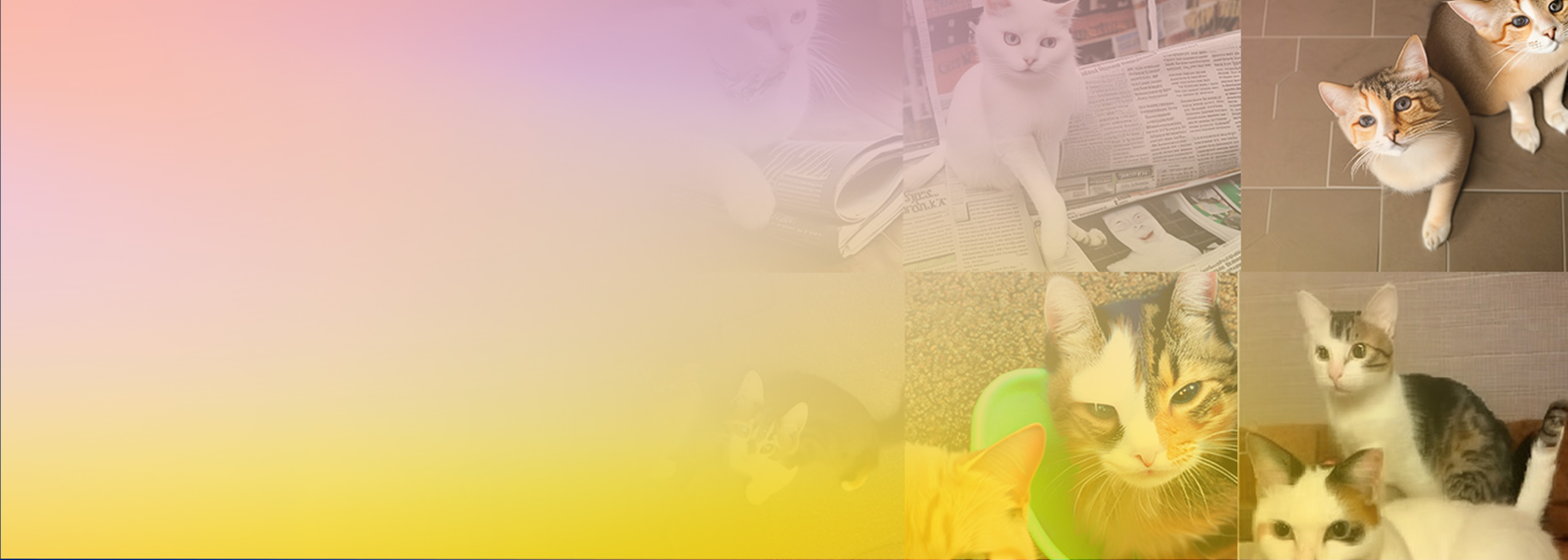 A collage of various cat photos with a pastel pink and yellow gradient overlay, leaving space on the left for text or other content.
