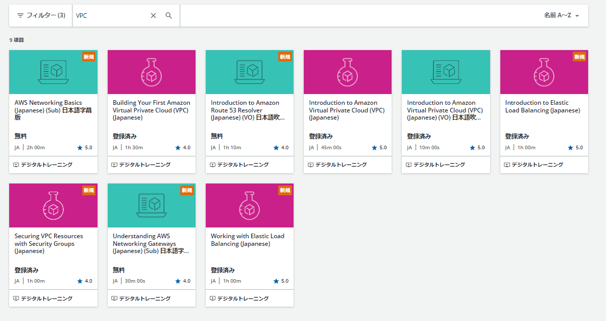 Screenshot of AWS Skill Builder displaying various Japanese-language courses related to Amazon VPC networking, including basics, VPC resources, Route 53 Resolver, Elastic Load Balancing, and networking gateways. The interface shows course tiles with details in Japanese and English.