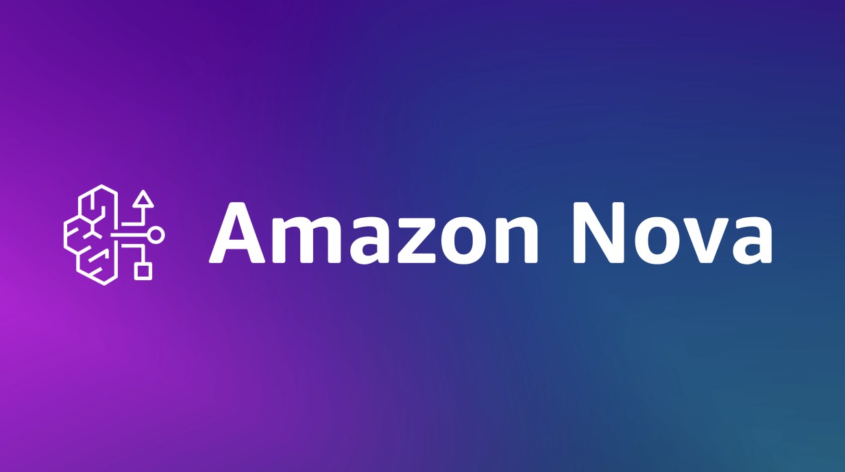 Amazon Nova logo displayed on a purple to blue gradient background with a stylized icon and the text 'Amazon Nova'.