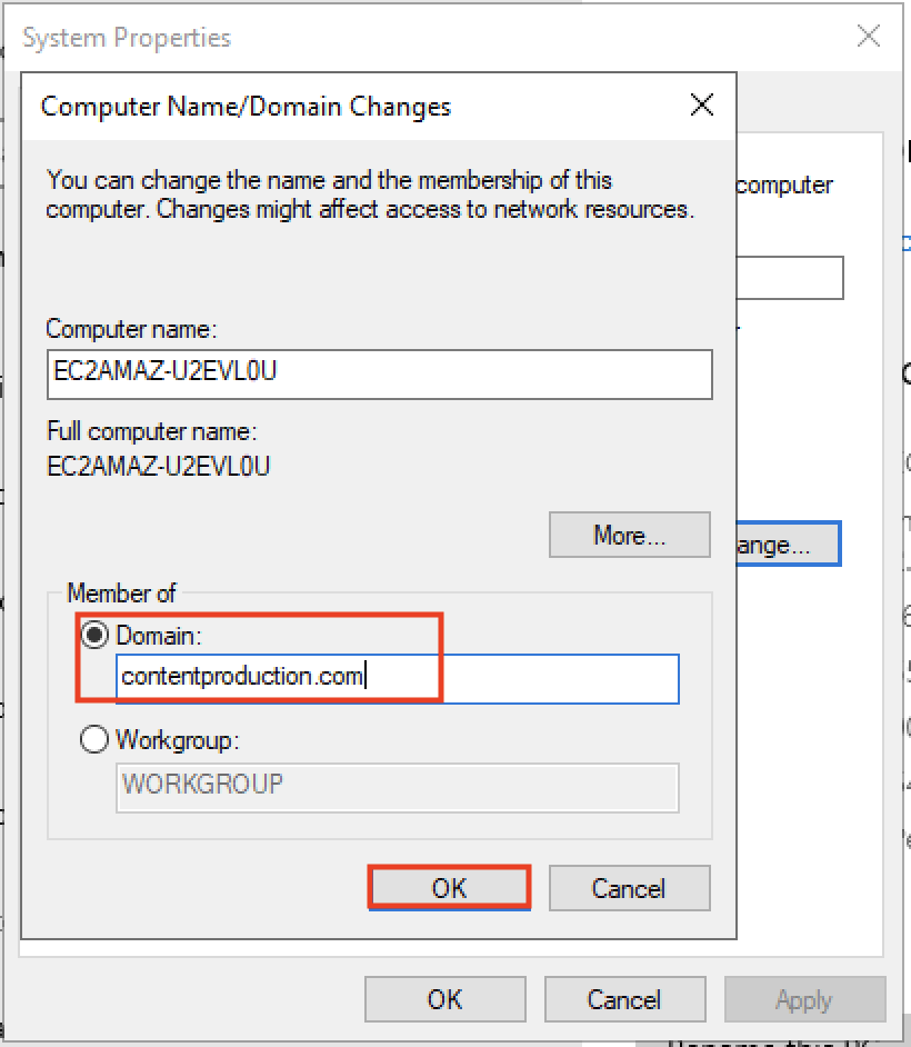 Screenshot of the 'Computer Name/Domain Changes' dialog in Windows System Properties, showing the process of joining a computer to the domain 'contentproduction.com' with the computer name 'EC2AMAZ-U2EVL0U' and the OK button highlighted.