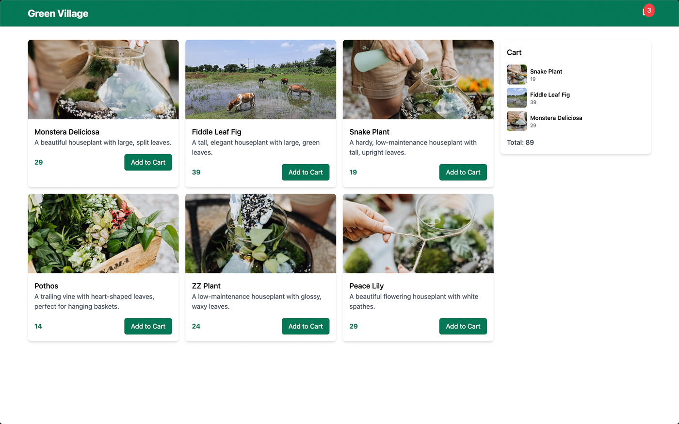 Screenshot of a plant e-commerce user interface demo titled 'Green Village', showcasing various houseplants such as Monstera Deliciosa, Fiddle Leaf Fig, Snake Plant, Pothos, ZZ Plant, and Peace Lily, with options to add to cart and a visible shopping cart summary on the right.