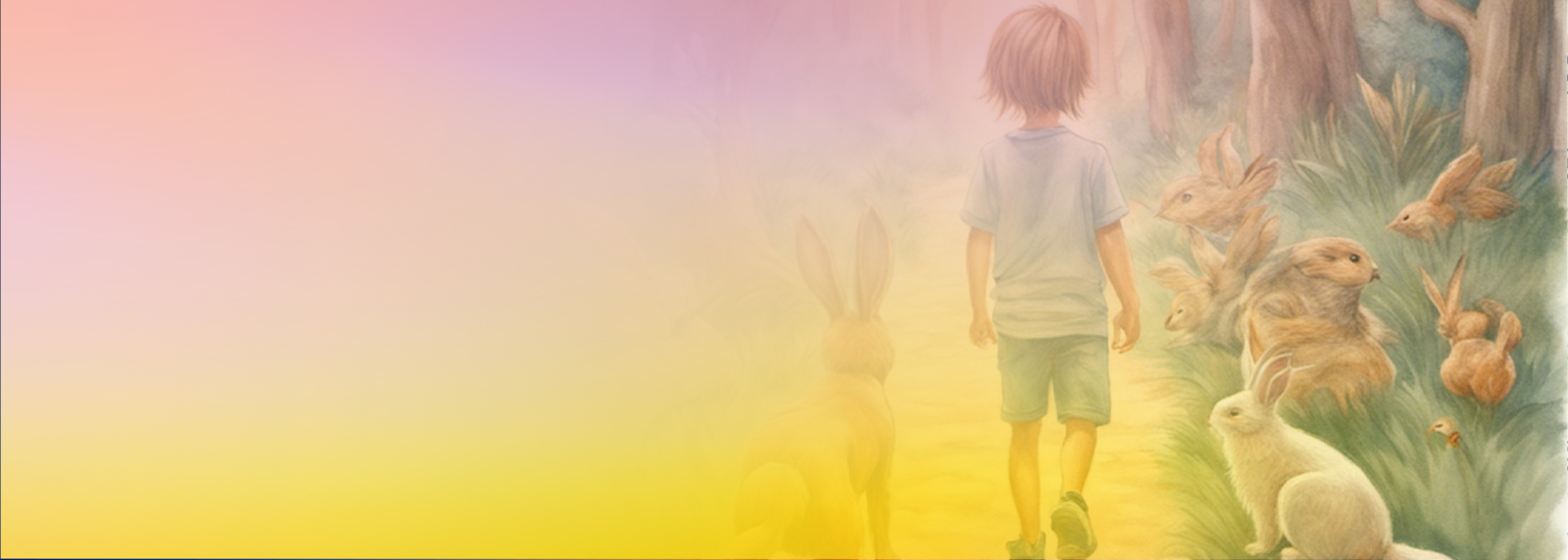 A soft, pastel illustration featuring a child walking along a forest path surrounded by rabbits, birds, and other woodland animals, with a yellow and pink gradient overlay.