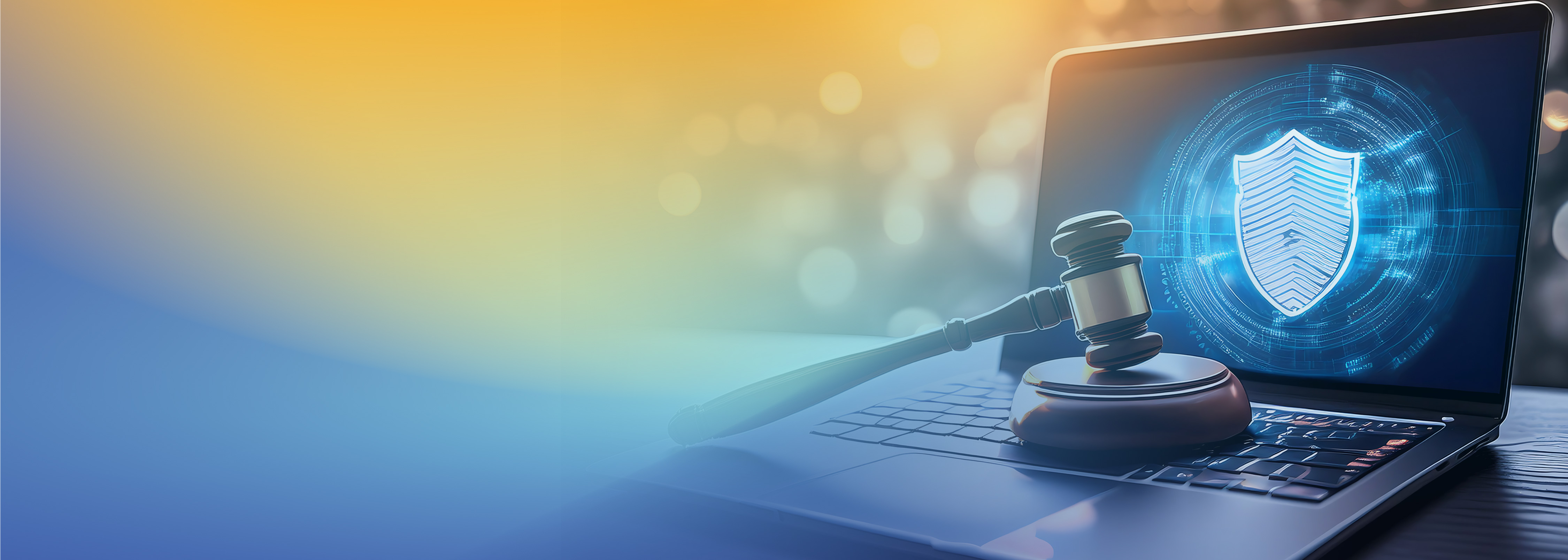 A gavel resting on a laptop keyboard with a digital shield icon displayed on the screen, symbolizing cybersecurity law and legal protection in the digital world.