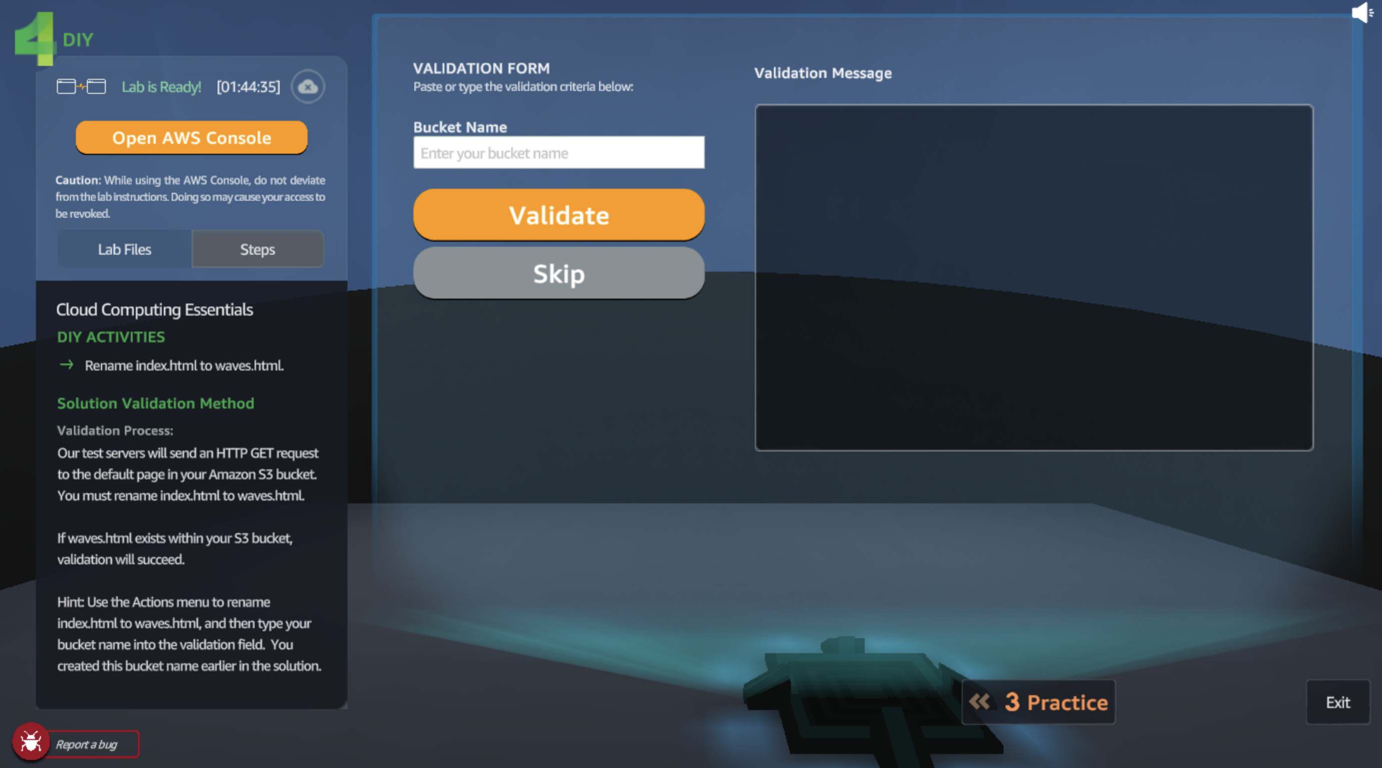 Screenshot of the AWS Cloud Quest DIY Activity interface showing the S3 bucket validation form, activity instructions for renaming index.html to waves.html, and guidance for validating the solution in Amazon S3.