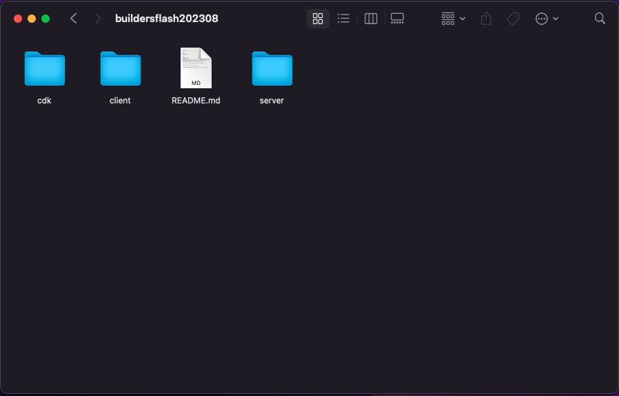 Screenshot of a macOS Finder window displaying the folder structure for the buildersflash202308 project, showing folders named cdk, client, server, and a README.md file.