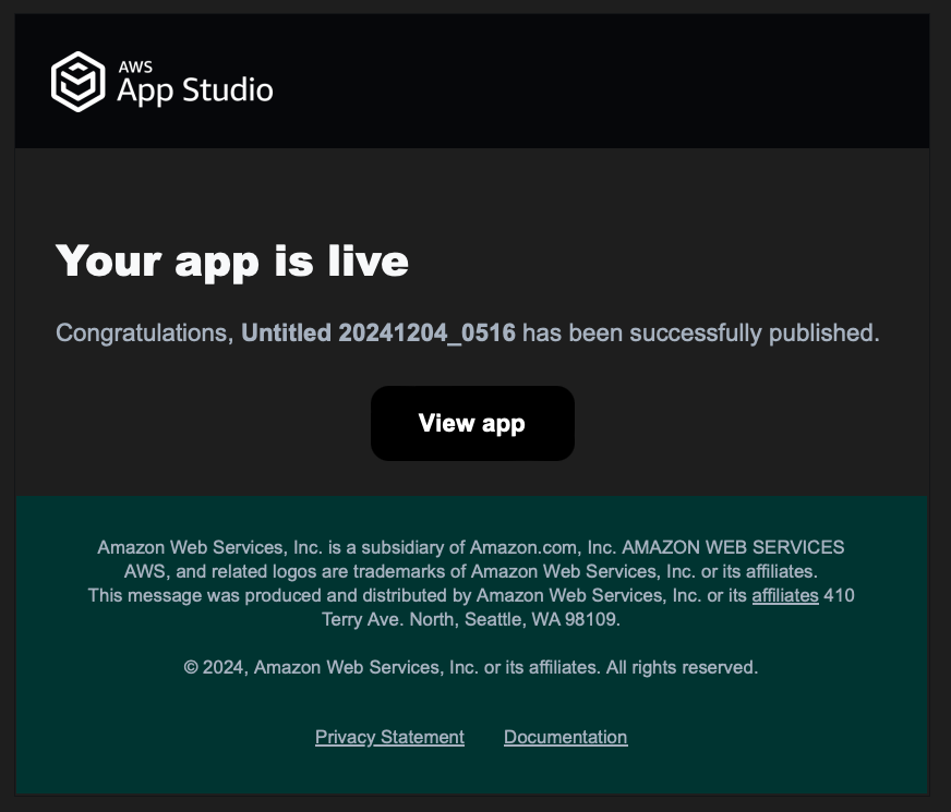 Screenshot of an AWS App Studio notification stating 'Your app is live,' congratulating the successful publishing of an app named 'Untitled 20241204_0516' and displaying a 'View app' button.