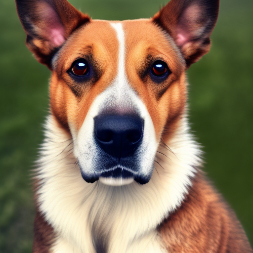 A closeup image of a brown and white dog with alert ears, set against a green background.