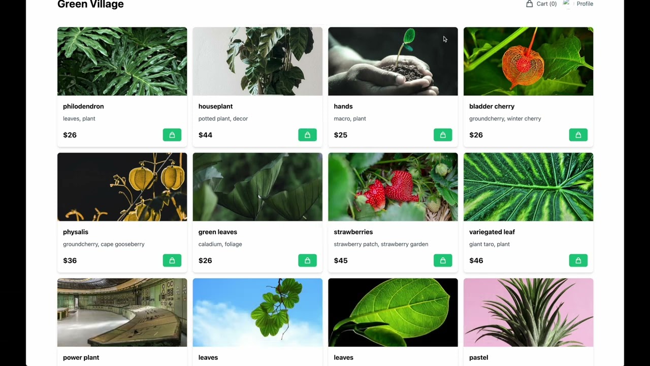 Thumbnail image of a plant shop web interface called 'Green Village', displaying a grid of various plants and leaves for sale, including philodendron, houseplant, bladder cherry, physalis, strawberries, and different types of leaves with their prices.