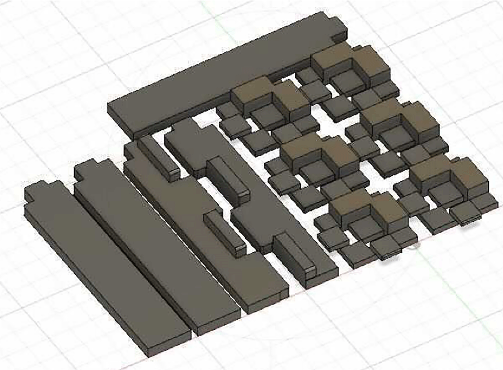 A CAD layout of various components for an AI coffee maker, displaying individual mechanical parts arranged on a grid.