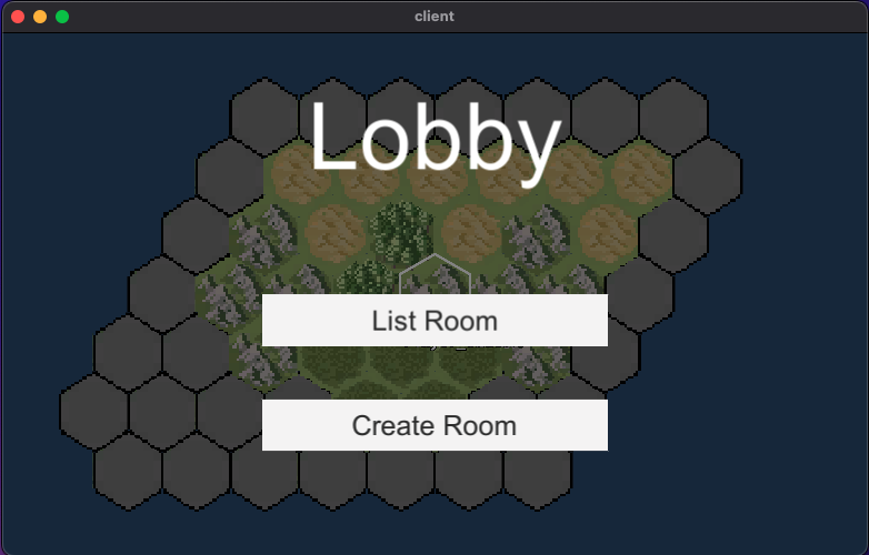Screenshot of a game lobby interface showing a hex map background with 'Lobby' header and two buttons labeled 'List Room' and 'Create Room'.